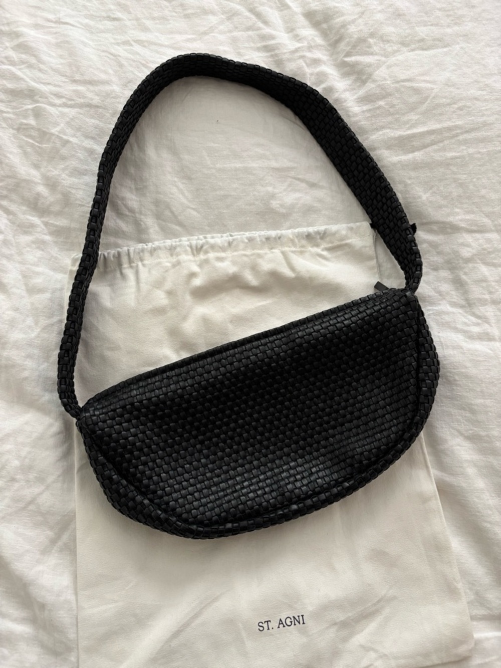 St. Agni Black Woven Leather Crescent Bag Purse - Picture 4 of 9
